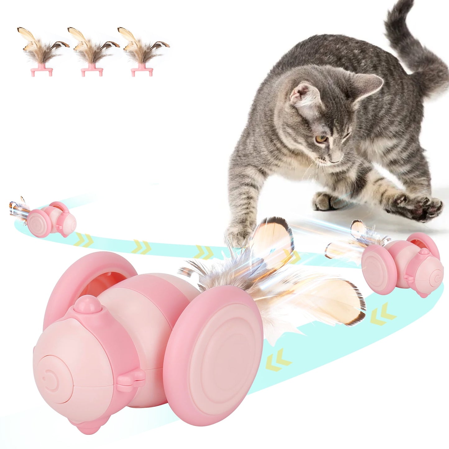 Oneisall 1 Pack Interactive Cat Toys for Indoor Cats, Little Bee Shape Automatic Cat Toy with Colorful LED Lights, Cat Interactive Toy with 3 Feather Toys, Smart Cat Toys Interactive - Yellow