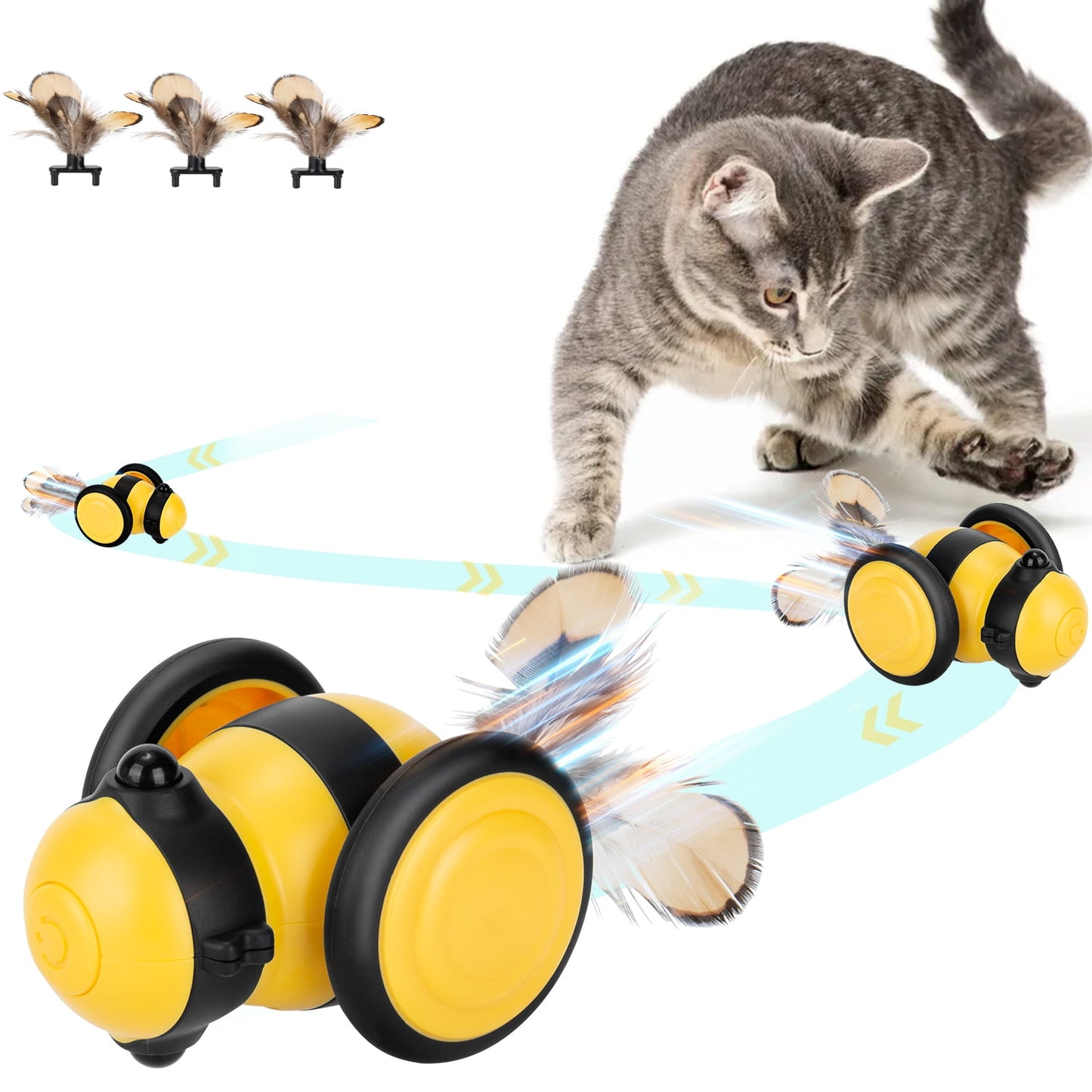 Oneisall 1 Pack Interactive Cat Toys for Indoor Cats, Little Bee Shape Automatic Cat Toy with Colorful LED Lights, Cat Interactive Toy with 3 Feather Toys, Smart Cat Toys Interactive - Yellow